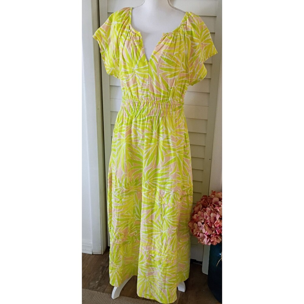 Sigrid Olsen Maxi Linen Dress Floral Tropical Green Yellow tiered A line Sz L